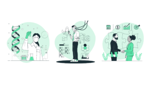 Illustration of worker in a lab with test tubes, a robot, and a woman and man shaking hands